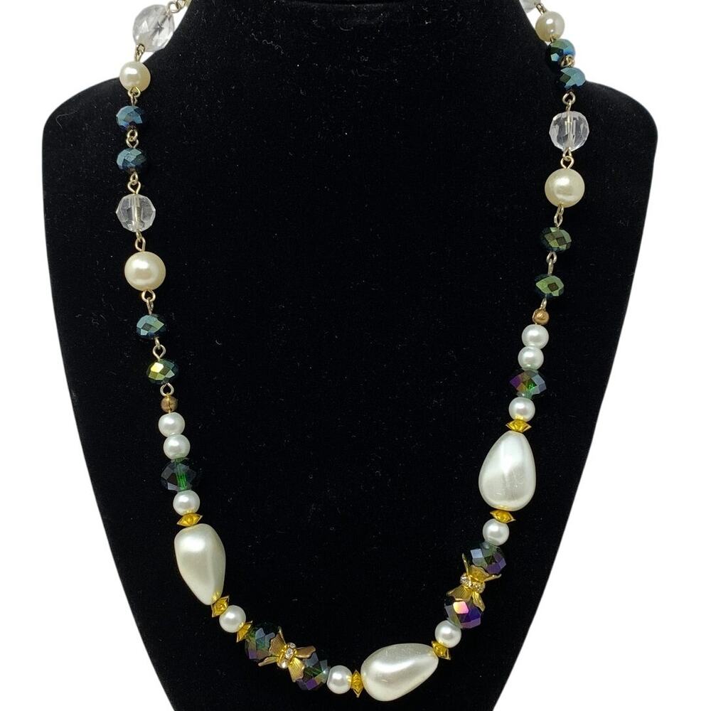 Handmade Artisan Beaded Necklace White Pearlescent Beads Multicolor Gold Tone